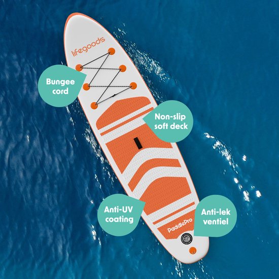 LifeGoods PaddlePro SUP Board - Opblaasbaar Paddle Board - Complete Set - Max. 135KG - 320x81cm - Wit/Oranje