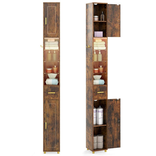 Coast Hoge Badkamerkast - smal ontwerp - met deuren en LED-verlichting - bruin - 20 x 20 x 181 cm