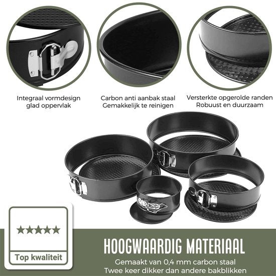COOCK 4-delig Ronde Springvorm Set - Bakblik Rond - Taartvorm - Bakvorm met Anti Aanbaklaag - Maten 12 tot 28cm - Incl Deegschraper