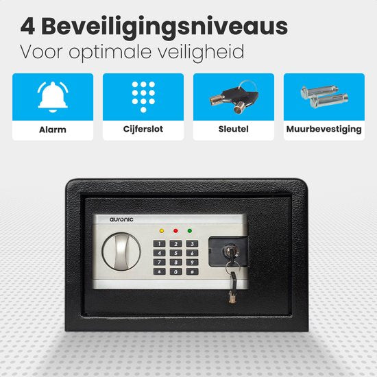 Auronic Elektronische Kluis - Cijferslot - Sleutel - Muurbevestiging - 4,3cm Deur - 130dB Alarm - 8L - 31x20x20cm - 4,5KG - Staal - Zwart