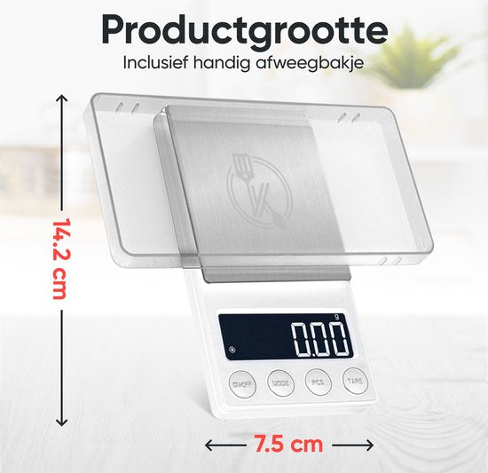 Kitchenwell digitale mini precisie keukenweegschaal wit - 0,01 tot 200 gram - 14.2 x 7.5 cm - pocket scale op batterij - weegschaal keuken