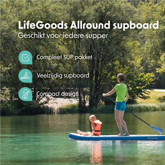 LifeGoods PaddlePro SUP Board 320 x 81 x 15 cm - Opblaasbaar - Complete Set - 150 kg - Wit/Sky Blue