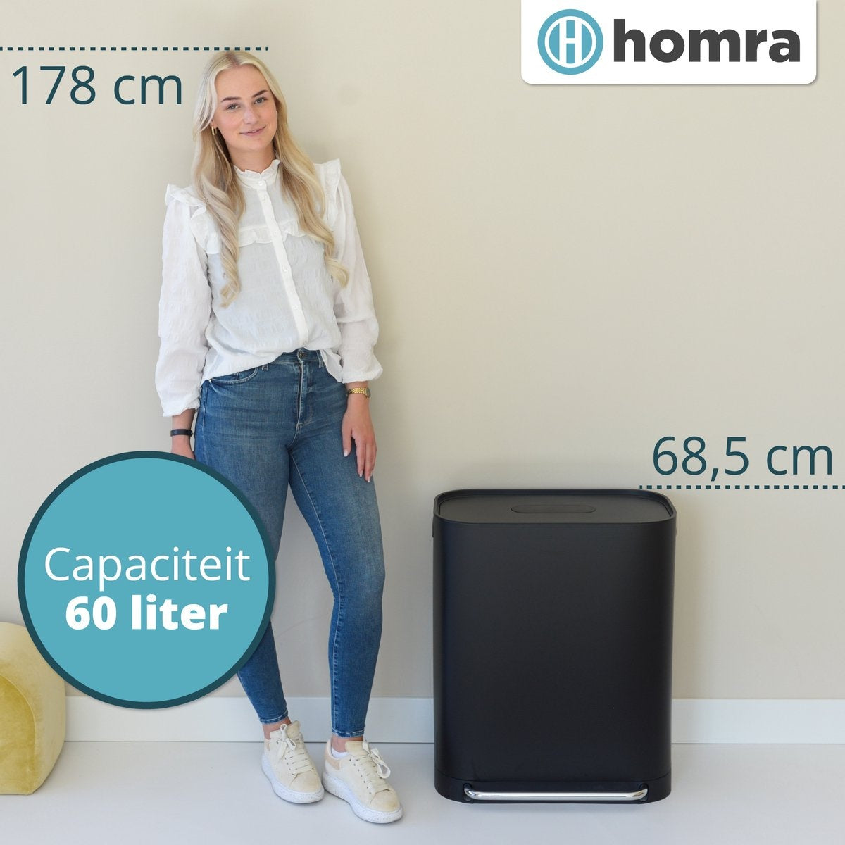Homra Prullenbak – 2 Vakken & Geurfilter – 60L (2x30L) – 58 x 37 x 68,5 cm – Mat Zwart