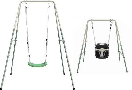 AXI Enkele Metalen 2-in-1 Schommel in Groen/crème – Meegroeischommel - Vrijstaande schommelset met kunststof schommelzitje en babyzitje - Schommelset voor kinderen