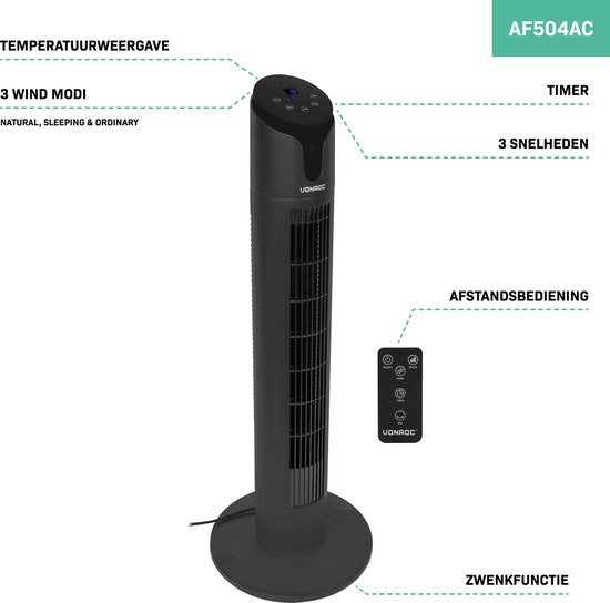 VONROC Luxe Ventilator - Torenventilator – hoogte 86 cm – Incl. afstandsbediening - 3 snelheden – zwenkfunctie - 15 uurs timer - zwart