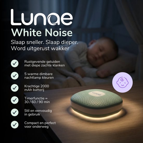 Lunae White Noise Machine 2026 - Witte Ruis Apparaat met Nachtlampje - Geschikt voor Baby's, Kinderen en Volwassenen - Slaaphulp Baby - Slaaptrainer kinderen - Mint Groen