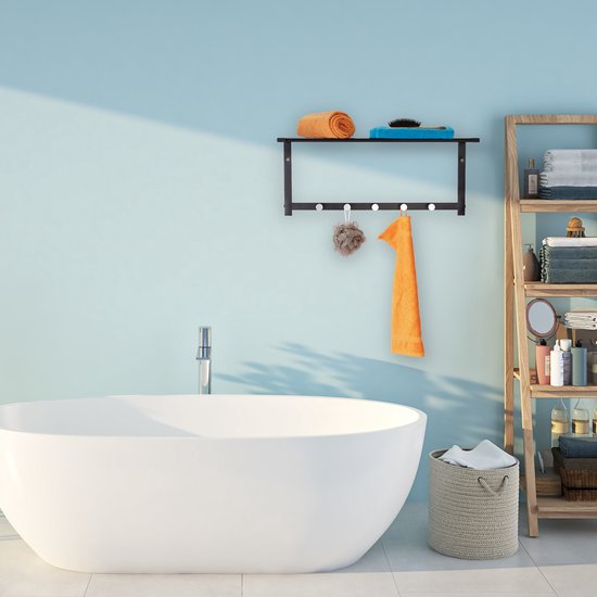 muur kapstok hangend - met plank - 5 haken - metaal - 28 x 65 x 25 cm - zwart