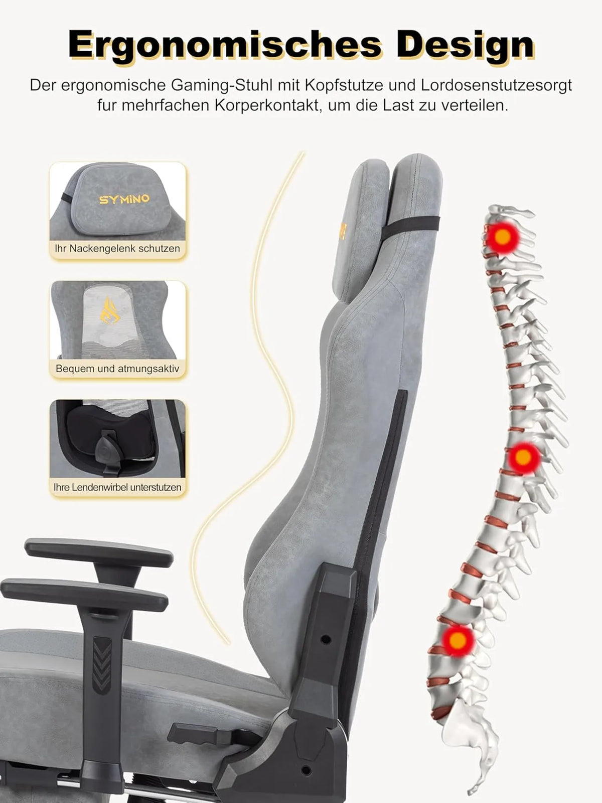 SYMINO Ergonomische Gamingstoel met Ademende Rugleuning – Vintage PU-Leer – Grijs – Metaal en Schuum