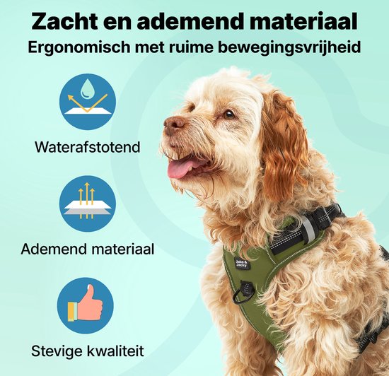 Jake en Jacky - Hondentuigje - Anti-Trek Tuig - Hondenharnas - Y Tuig Hond - Reflecterend - M - Groen
