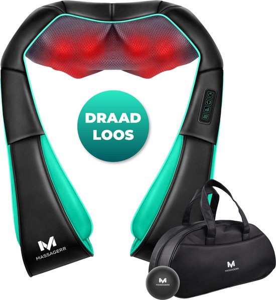 Massagerr® Shiatsu Massagekussen 2.0 – Draadloos - Incl. Draagtas en Stressbal - Massage Apparaat voor Rug, Nek en Schouder – Infrarood Warmtefunctie