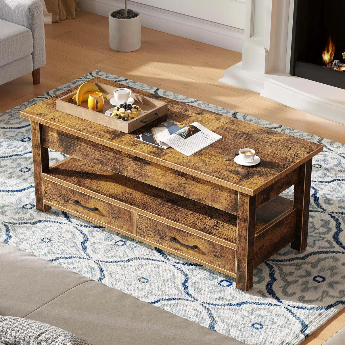Rolanstar Salontafel in Hoogte Verstelbaar - Donkerbruin - 100 x 50 x 48 cm - Met Laden, Opbergruimte