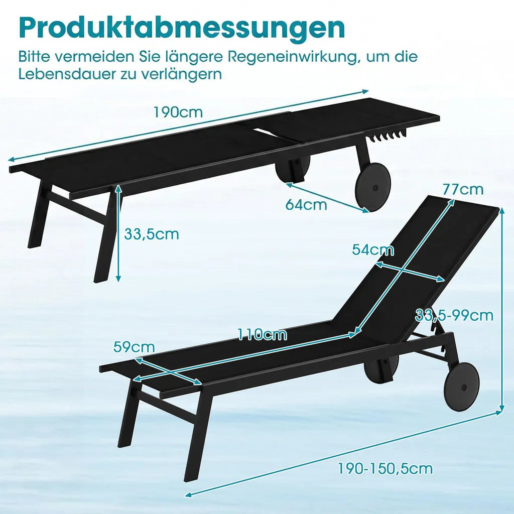 Coast Tuinligbedden - Verstelbaar - Wielen - Sneldrogend - 190 x 59 x 99 cm - Zwart