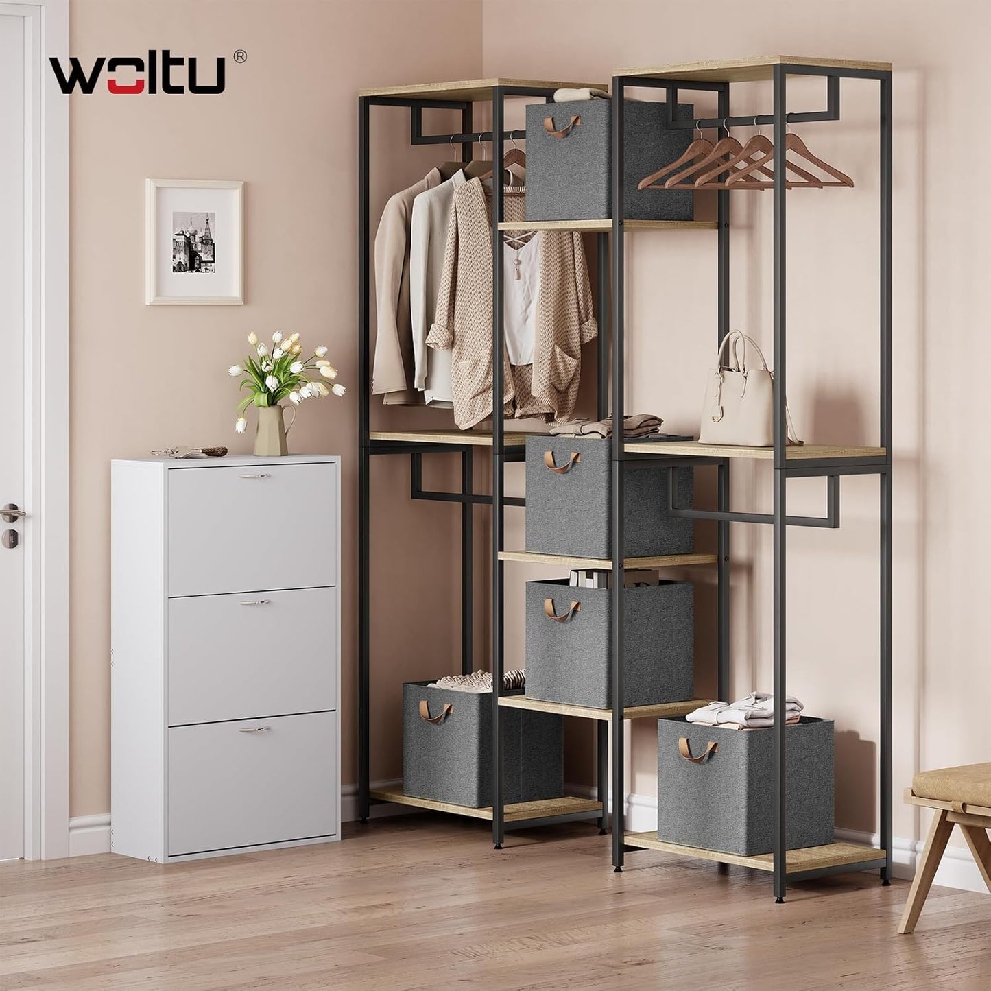 WOLTU opvouwbare opbergdozen set 5 stuks - stoffen opbergkubussen met handgrepen en metalen frame - grijs 32 x 32 x 31 cm