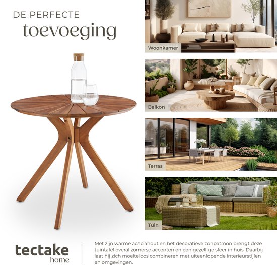 tectake® Ronde Houten Tuintafel - Ø70 x 62 cm - Acaciahout - Weerbestendig - Buitentafel - Bistrotafel - Bijzettafel - Tafeltje voor Balkon en Terras - Ook voor Binnen