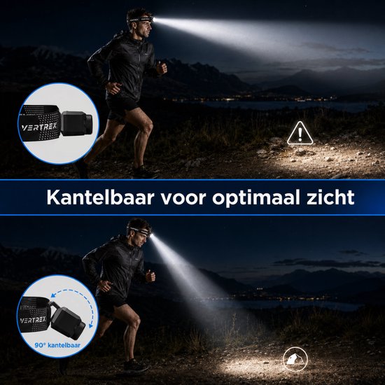 Vertrex Hoofdlamp LED Oplaadbaar - Instelbare Lichtbundel - USB-C - IPX5 - Zwart