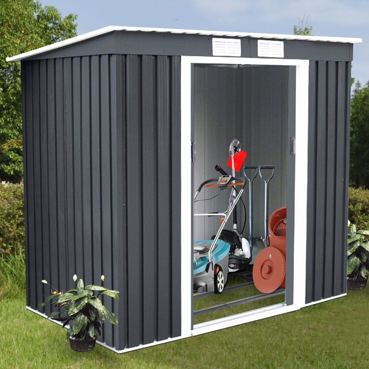 Coast Metalen Tuinhuis - Gereedschapsschuur - Inclusief Fundering Puntdak - 213 x 130 x 173cm - Donkergrijs
