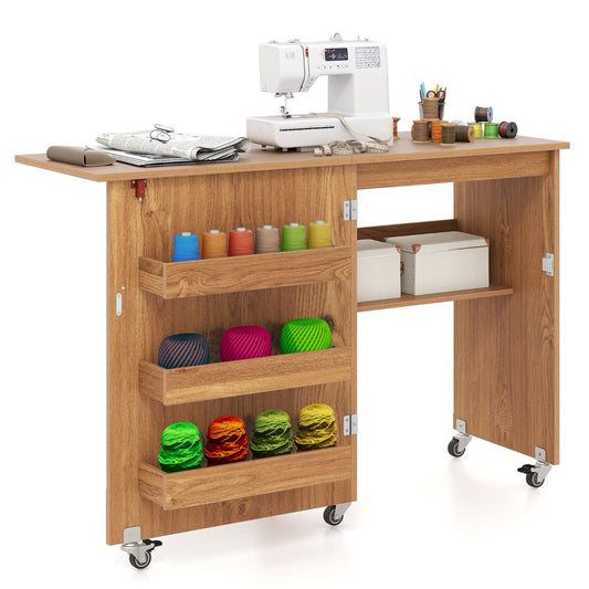 Coast Opvouwbare Naaitafel Mobiel Knutselstation met Opbergrek - Drie Verborgen Opbergboxen - Naturel - 118,5 x 40 x 79,5 cm