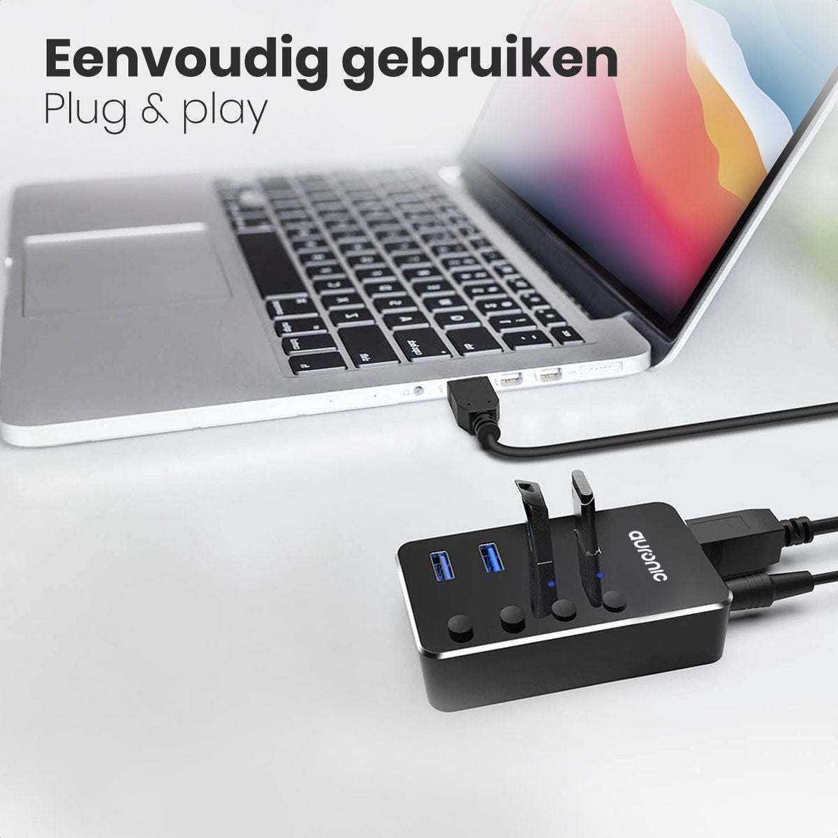 Auronic USB Hub 3.0 - USB Splitter met 4 Poorten - met Voeding - 5 GBPs - Led Indicatie - Zwart