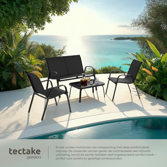 tectake® Tuinset Nora - Moderne Zitgroep voor 4 Personen - Loungeset met Tuinbank en 2 Tuinstoelen van Ademend, Waterafstotend Textileen-Weefsel - Balkonset Met Bijzettafel - Zwart