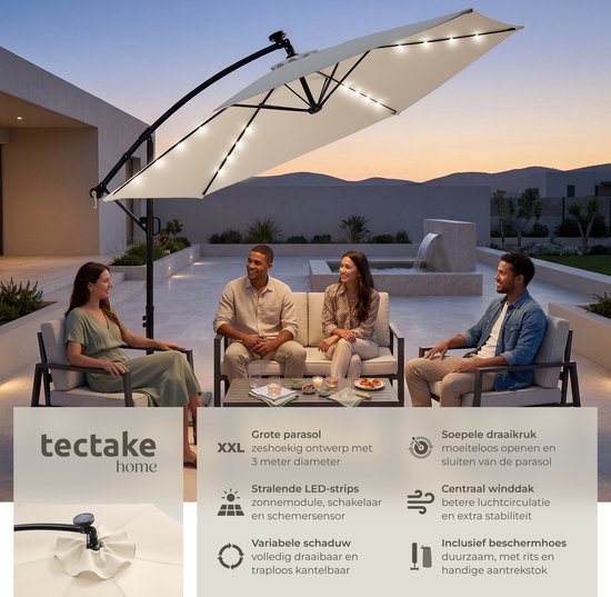 tectake® Zweefparasol met Voet - 3 x 3 m - Tuinparasol met LED-Verlichting op Zonne-Energie - Draaibaar - Waterafstotend Polyester met UV-Bescherming - Inclusief Hoes - Beige