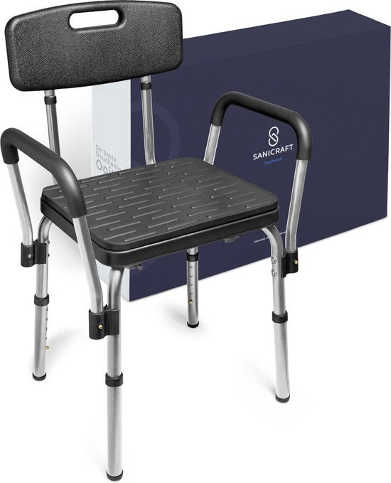 Sanicraft® Douchestoel - Douchekruk met Armleuning & Douchekophouder - Stoel & Kruk in 1 - Verstelbare Hoogte - Anti-Slip Poten - Zilver