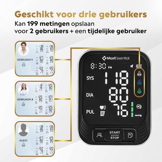MostEssential Premium Bloeddrukmeter Bovenarm - Hartslagmeter - 398 Metingen Geheugen - Inclusief USB-C Kabel - 30S