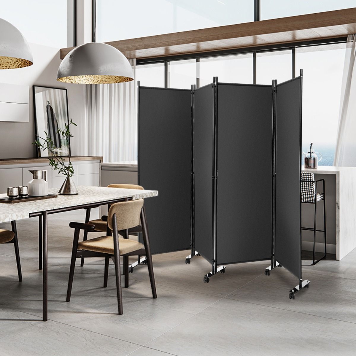 4-Delige Opvouwbare Ruimteverdeler met Wieltjes – 225 x 173 cm – Grijs – Inkijkbescherming en Scheidingswand