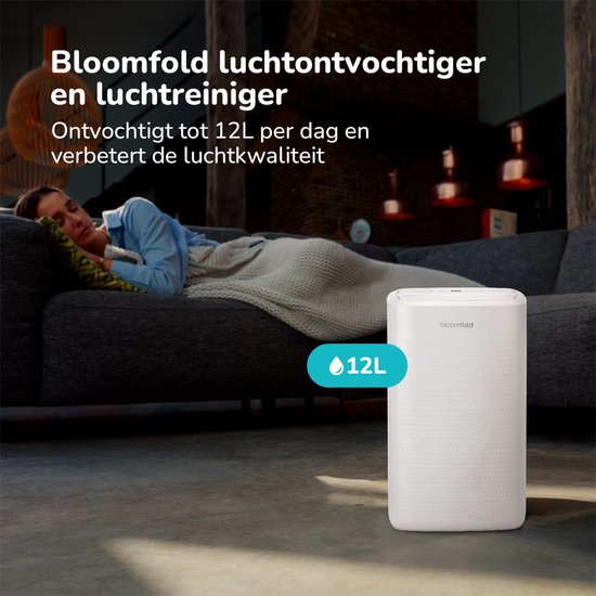 Bloomfold – Luchtontvochtiger En Luchtreiniger – 12 l Capaciteit & Met HEPA-Filter – Met Timer En Led-Display – Voor Een Gezond Binnenklimaat – Wit Kunststof