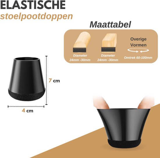 Vaive Stoelpoot Beschermers Rond met Vilt – 24 Stuks – Stoelpootdoppen Ø24-30 mm – Vloerbescherming voor Stoelen - Zwart