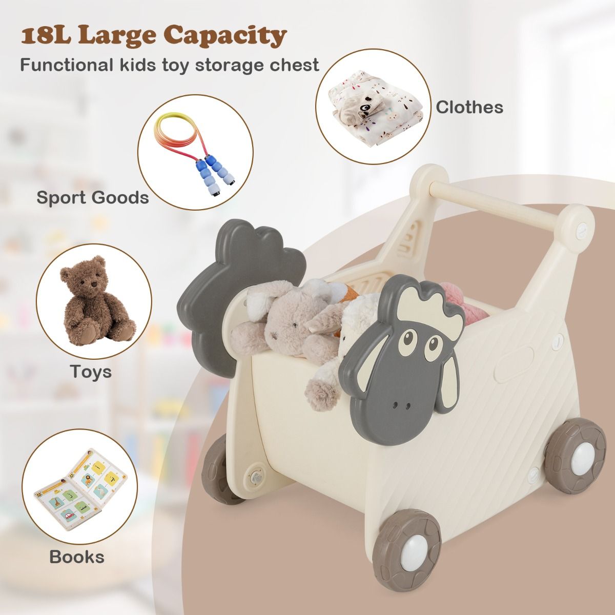 Coast Schaap Loopwagen voor Kinderen - 2-in-1 Opbergwagen en Looprek - 18 Liter - Beige en Grijs