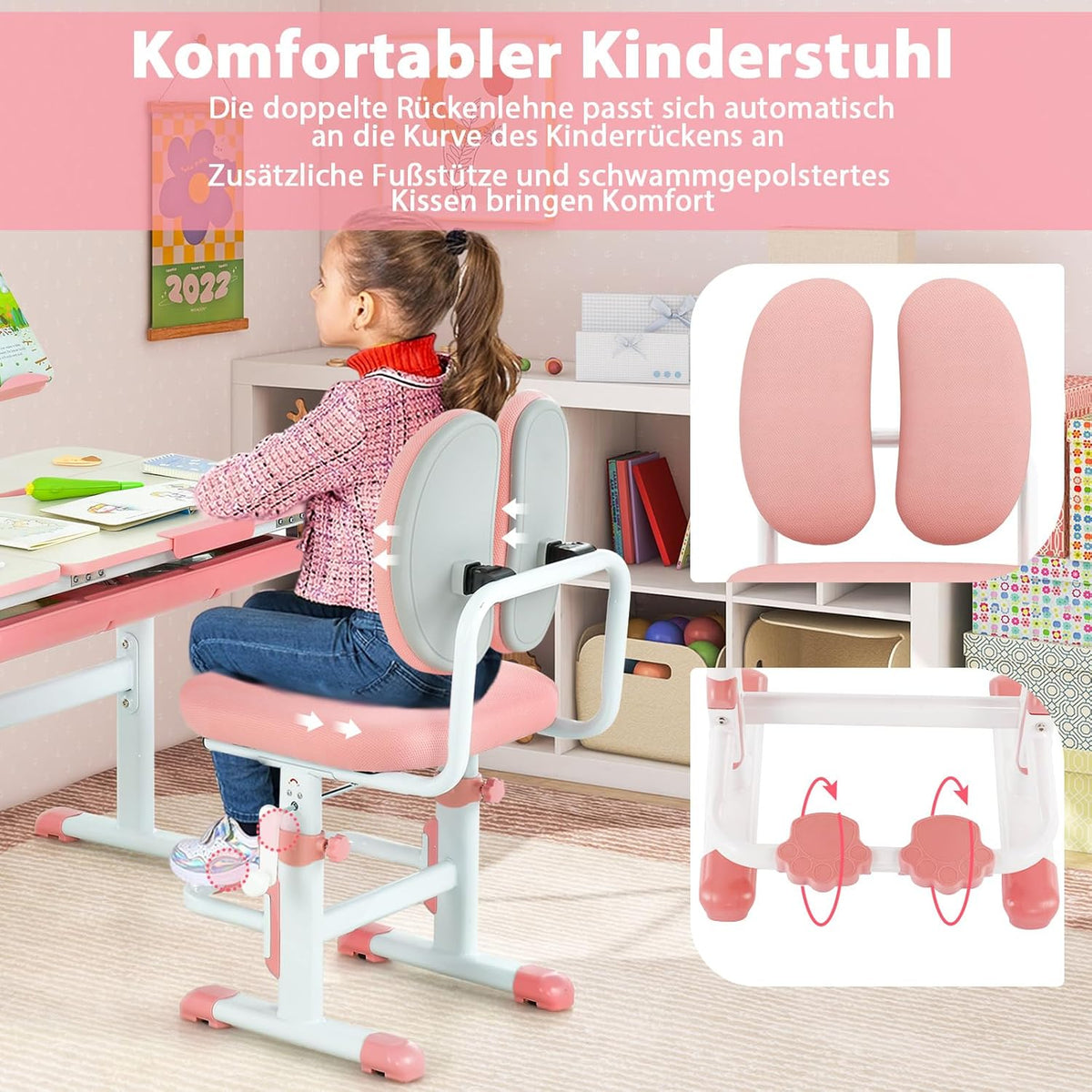 Coast Kinderbureau met stoel - Hoogte verstelbaar - Max. 110 kg - 80 x 52 x 73 cm - Roze