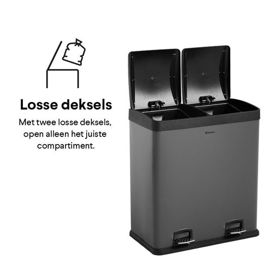 Homra NEVIQ Pedaalemmer 60 Liter - Grijze Prullenbak Afvalscheiding met 2 vakken - 2x30 L - 2-vaks Afvalemmer 60 Liter - Pedaal Vuilbak - Hygiënisch Afval scheiden - Grijze Duo Prullenbak - Dubbele Vuilnisbak