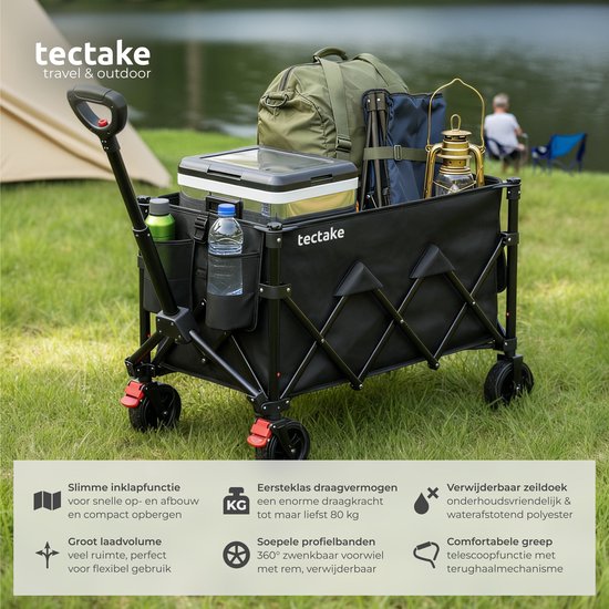 tectake® Bolderkar - Opvouwbaar - 80 kg Draagkracht - Draaibare Massieve wielen met Rem - 45 x 88 x 95 cm - Bolderkarren - Bolderwagen - Met Verstelbare Duwstang - Handkar - Waterafstotende Transportwagen - Met Legplank en Binnenvak