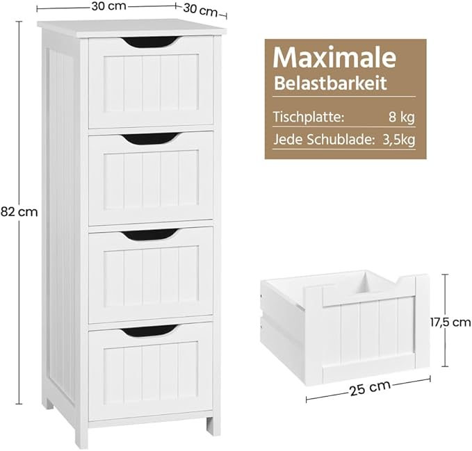 Yaheetech Badkamerkast 30 x 30 x 82 cm - Wit - Staande Opbergkast met 4 Laden