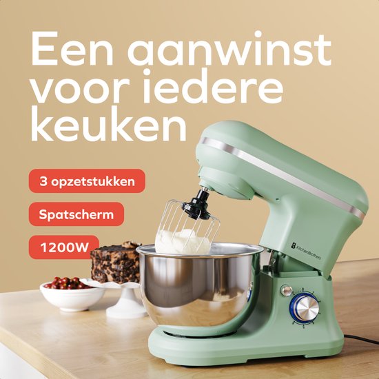 KitchenBrothers Keukenmachine - 1200W - Keukenrobot - 5L - Broodmixer - Mixer met Mengkom - Keukenmixer - Pastelgroen