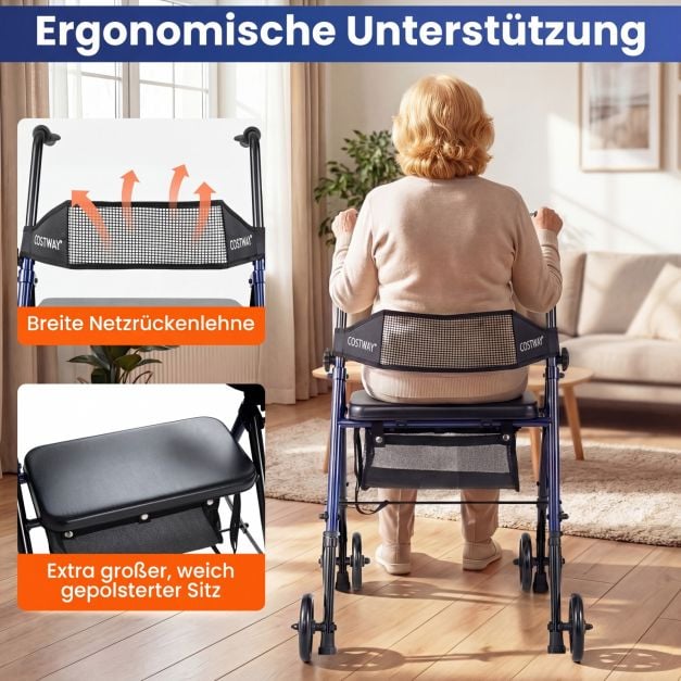 Coast Rollator Blauw/Zwart – Opvouwbare Rollator met Zitje, Tas en Verstelbare Hoogte – 59 x 64 x 75,5-93 cm