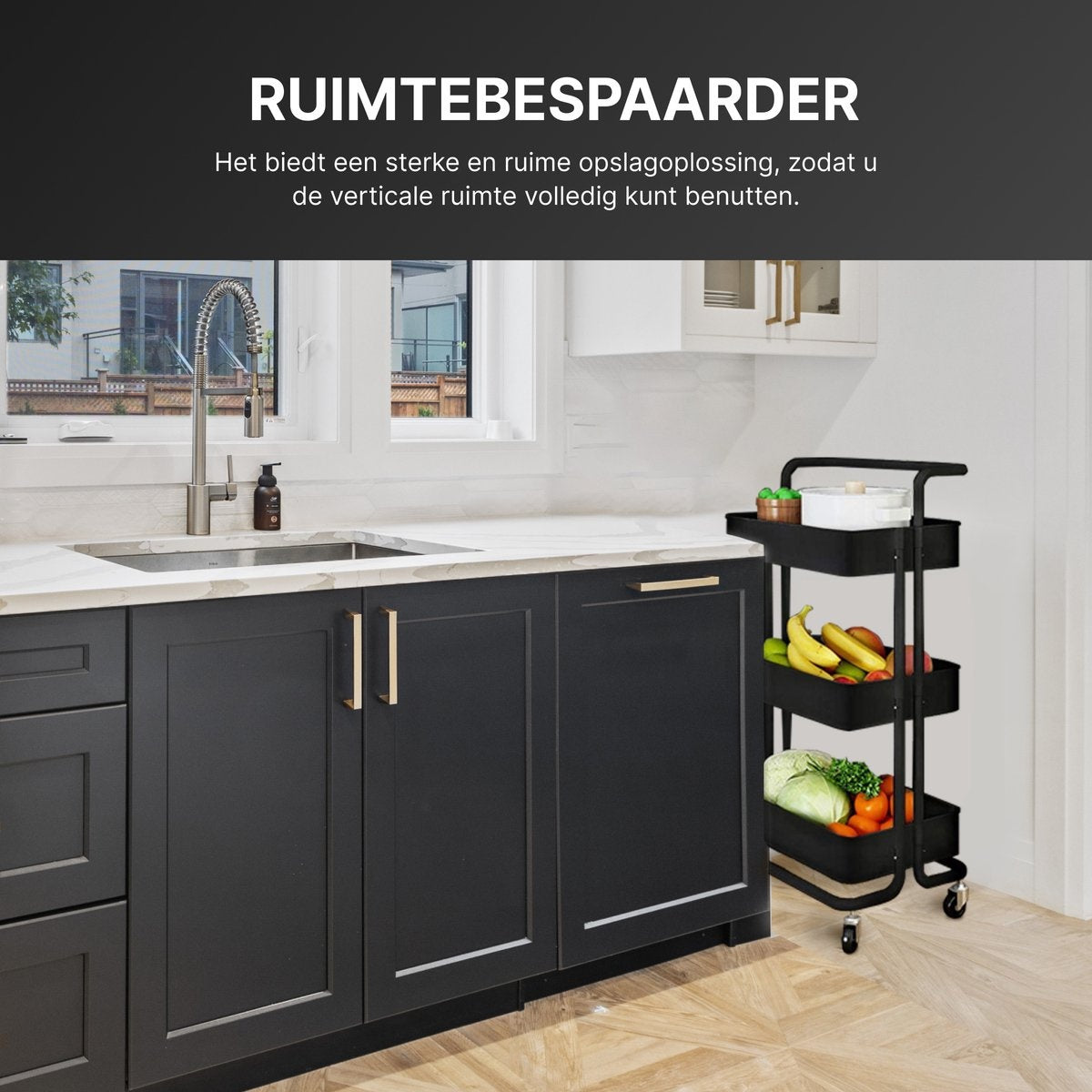 O'DADDY® Keukentrolley met Wieltjes - 3-Laags - 86 x 43 x 36 cm - Zwart