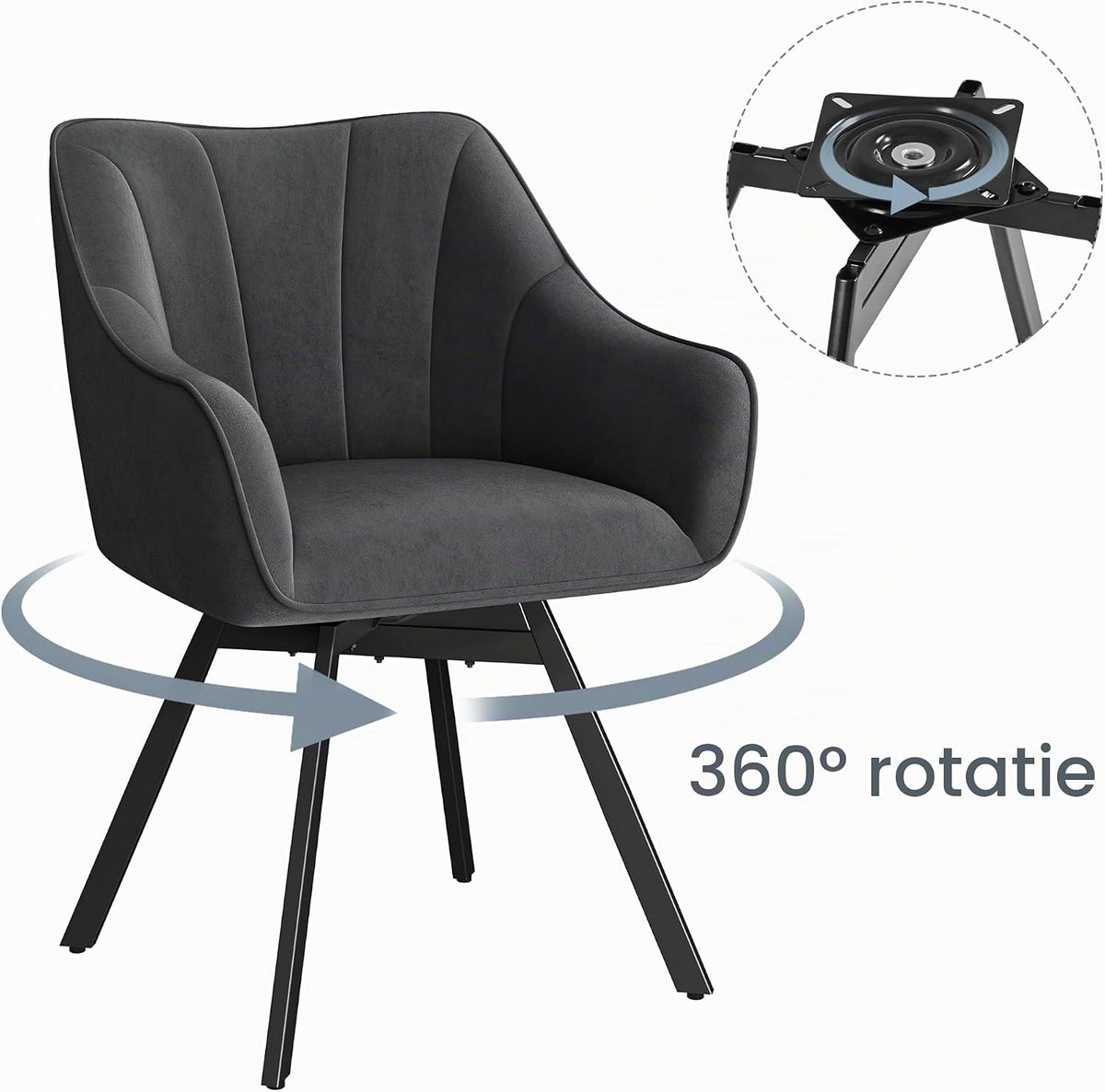 Draaibare Eetkamerstoelen Set van 2 met Armleuningen en Fluwelen Bekleding Donkergrijs