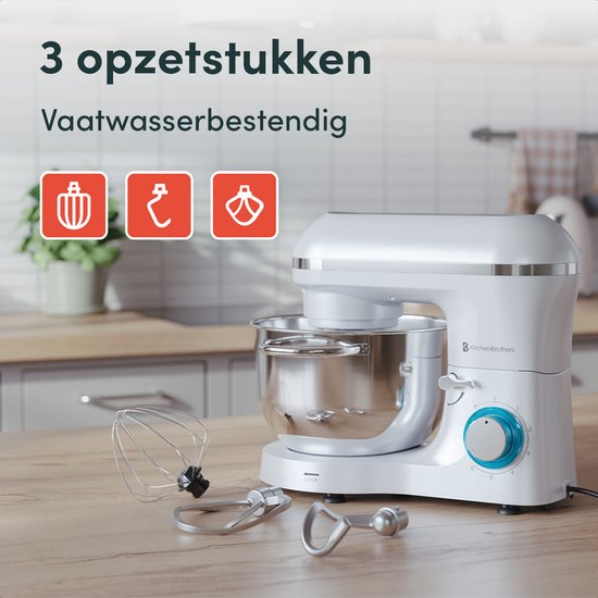 KitchenBrothers Keukenmachine - Keukenrobot - 6,2L - Mixer met Mengkom - Keukenmixer - 2000W - Parelwit
