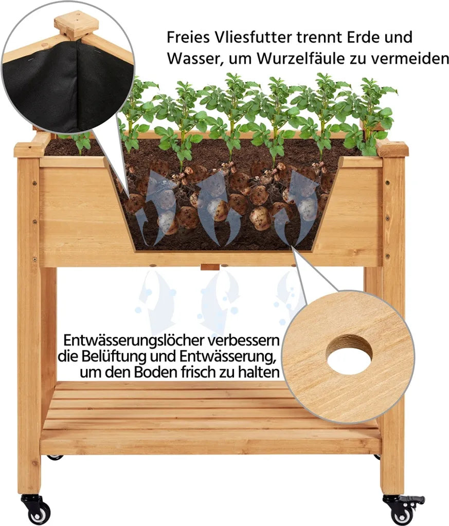 Yaheetech Verhoogde Plantenbak op Wielen 87 x 47 x 83,5 cm - Lichtbruin - Houten Kweekbak met Opbergplank