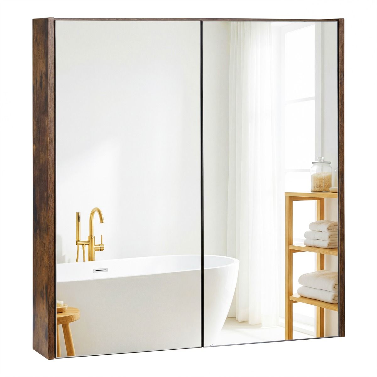 Coast Badkamerkast met spiegeldeuren - ruime opbergruimte - wandmontage - wit/zwart/rustiek bruin - 62 x 11 x 65 cm