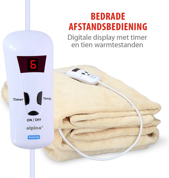 alpina Warmtedeken Elektrische Bovendeken 130 x 180 cm - 1-Persoons Elektrische Warmte Deken met Timer 1-9u - Knuffeldeken met 10 Standen - Wasbare Omslagdeken - Flanel - Beige