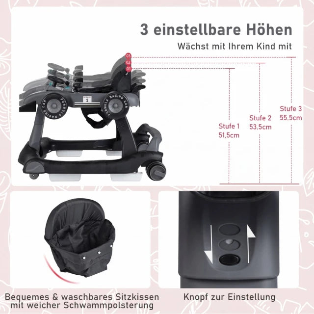Coast Baby Walker 4-in-1 – Opvouwbare Loopstoel met Muziek en Verlichting – Donkergrijs