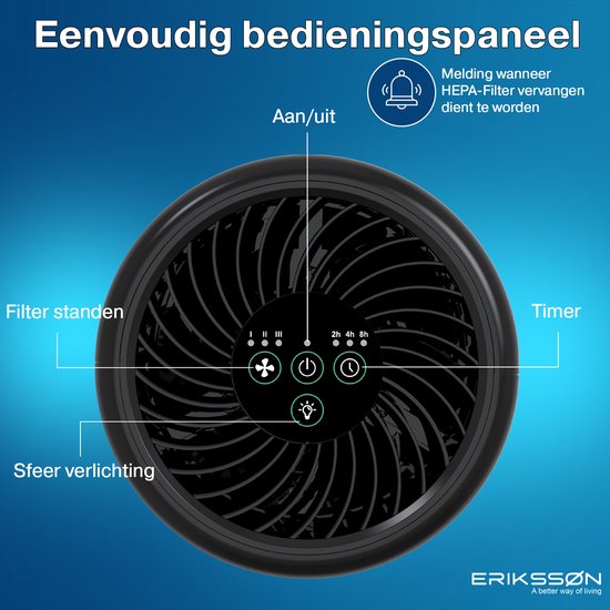 Erikssøn Air Pure Prime Luchtreiniger – Compact – HEPA 13 & Koolstoffilter – 70 m³/u – Stil & Energiezuinig – Zwart – 14,5x14,5x25,5 cm