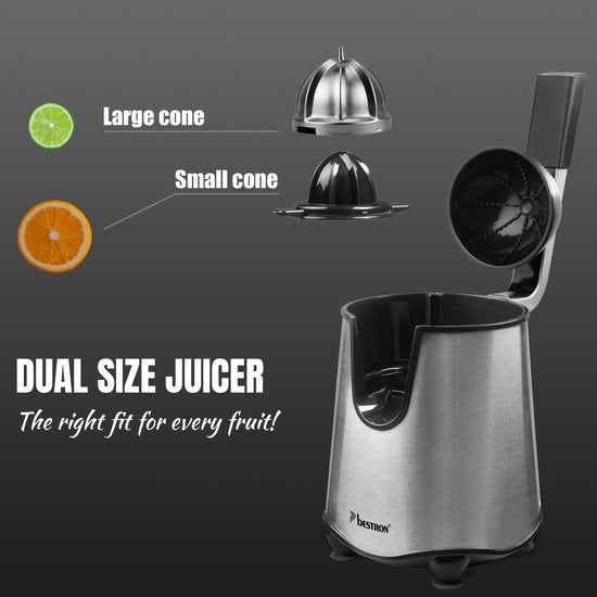 Bestron Citruspers Elektrisch - ACJ600SS - 200W - Incl. 2 perskegels, pulpfilter, druppelstop, pershendel - Zilver - 5 jaar garantie