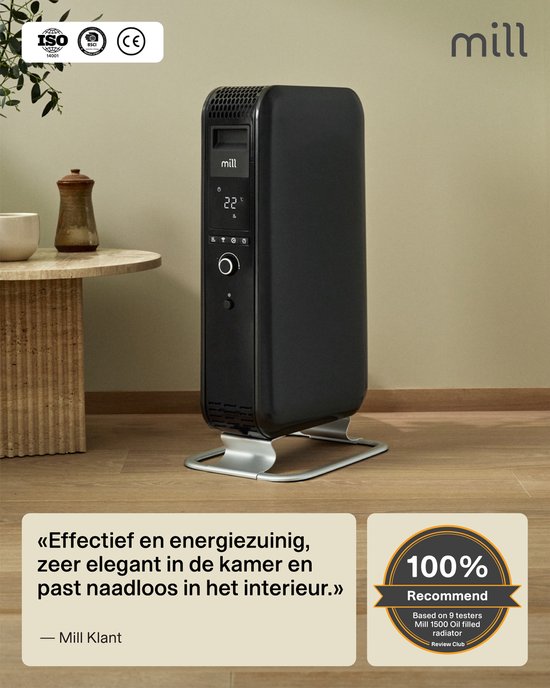 Mill AB-H1000DN BLACK - design olieradiator - 1000 Watt - droogt de lucht niet uit - stil - zwart - 5 jaar garantie