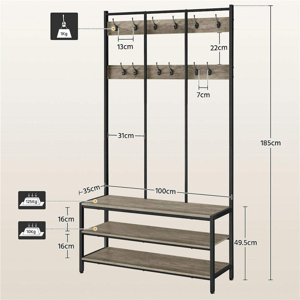 Yaheetech Industriële Kapstok met Schoenenrek en Bankje 100 x 35 x 185 cm - Grijs - Halmeubel met 24 Haken
