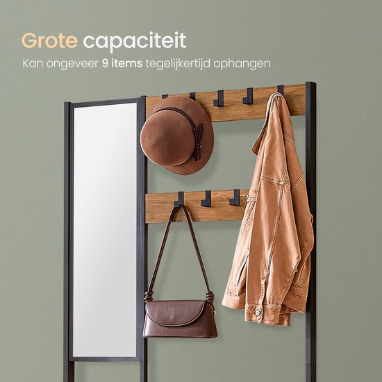 O'DADDY® Garderoberek Met Spiegel - Kapstok - Schoenrek - Kapstok staand - Vintage Look - Zwart en Bruin - Schoenenrek - kapstokken