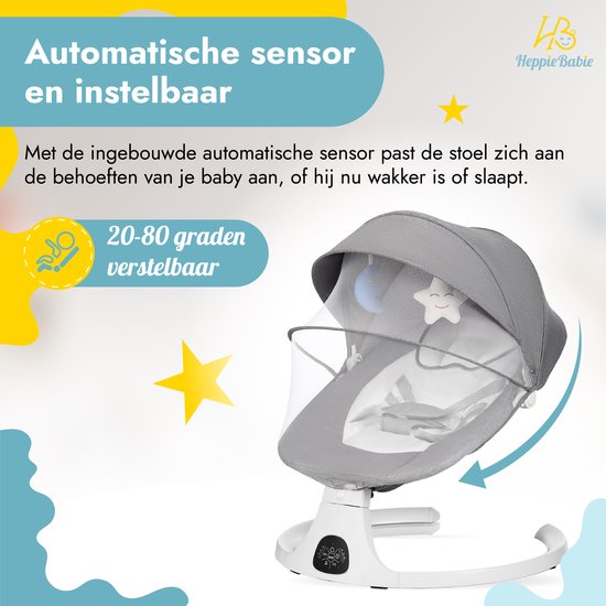 HeppieBabie Elektrische Wipstoel - Muziek en Swing Opties - 5 Punts Gordel - Babyschommel- Schommelstoel - Baby Swing - Met Ebook