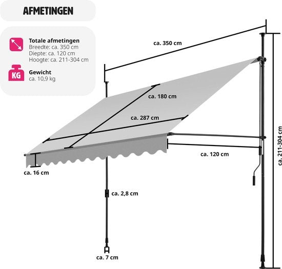 tectake - klemluifel - Zonnescherm – Zonneluifel - Verstelbaar - Klem-zonwering - Zonnescherm Balkon - 350 x 180 cm - lichtgrijs – zonwering - 404967